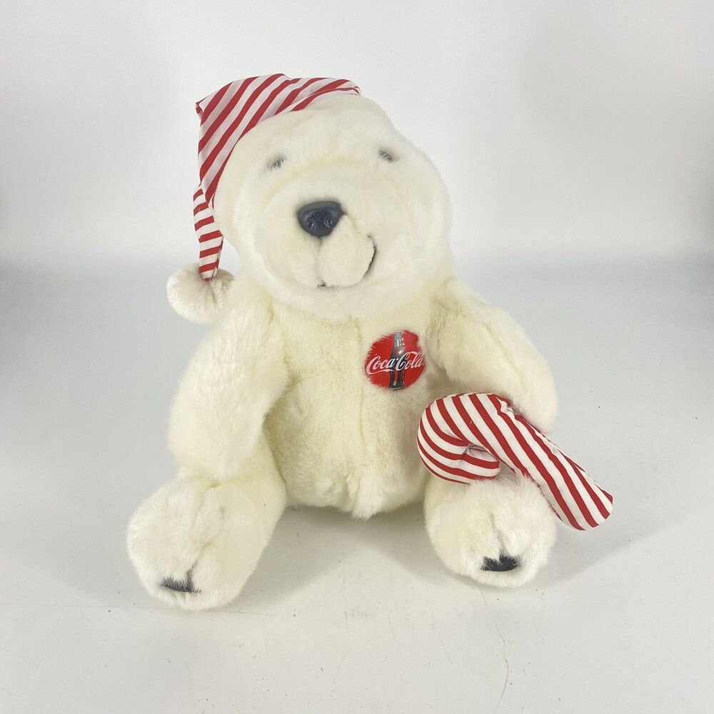 Vintage 1993 COCA-COLA Plush Design White Teddy Bear Sitting Santa Hat 10"